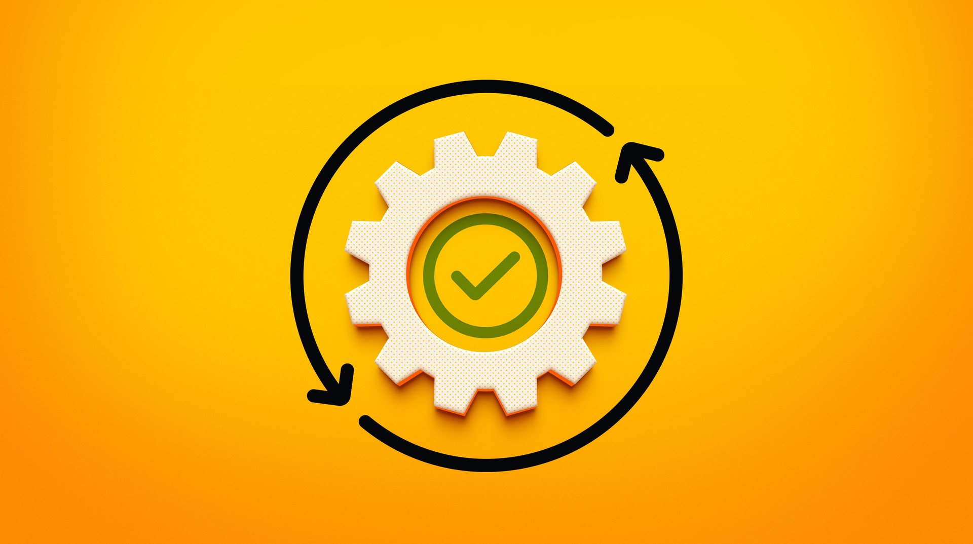 3D Gear with Rotating Arrows and Check Mark on Yellow Background, Representing Automation and Efficiency