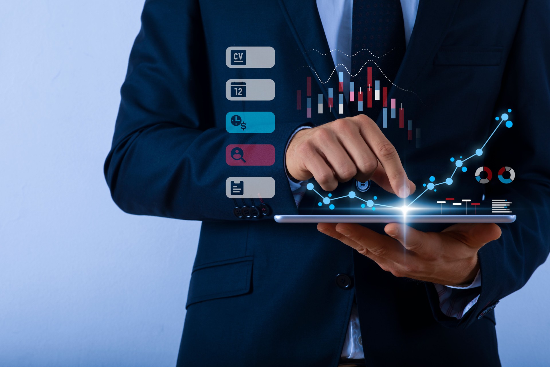 Man holds tablet with digital hologram graph and growth of economics